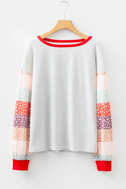 Waffle Knit Mixed Print Sleeve Pullover Top