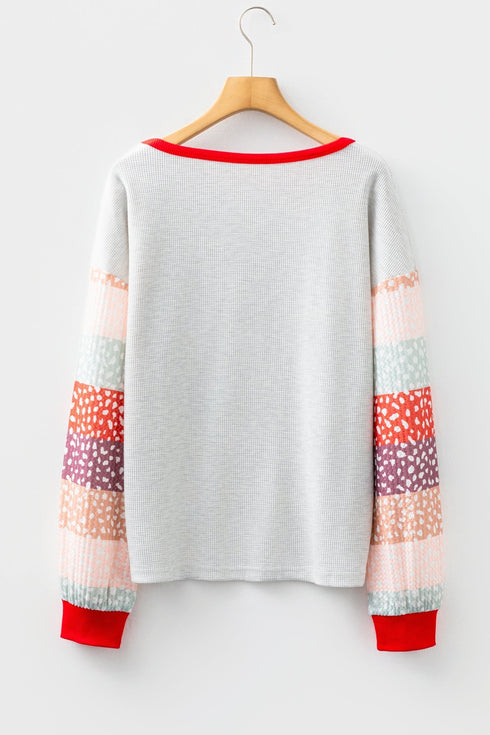 Waffle Knit Mixed Print Sleeve Pullover Top
