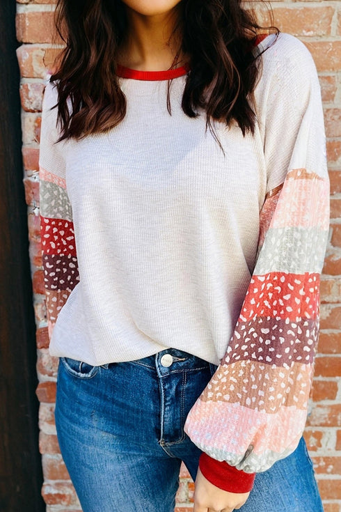 Waffle Knit Mixed Print Sleeve Pullover Top