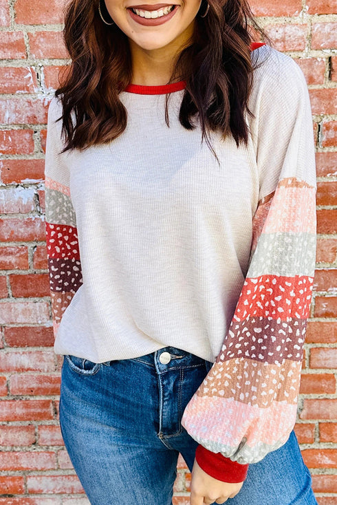 Waffle Knit Mixed Print Sleeve Pullover Top