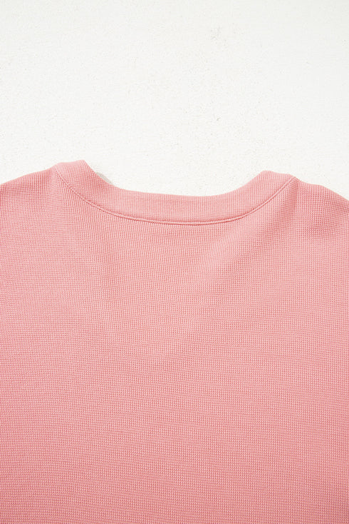 Waffle Knit Notched V Neck Floral Patchwork Lantern Sleeve Drop Shoulder Top