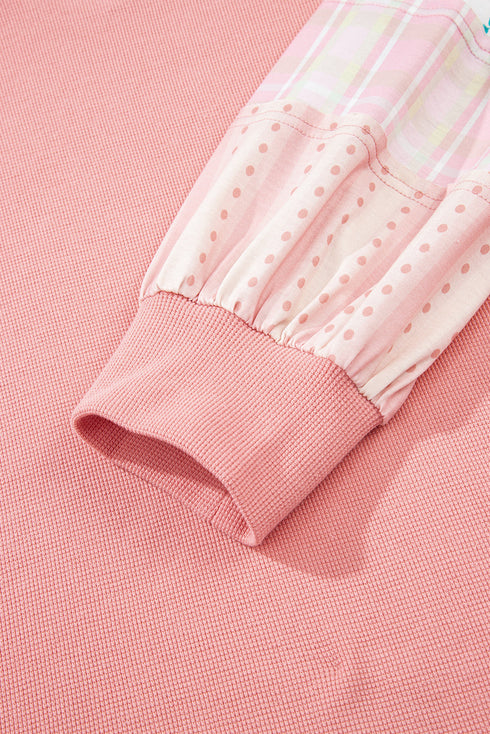 Waffle Knit Notched V Neck Floral Patchwork Lantern Sleeve Drop Shoulder Top