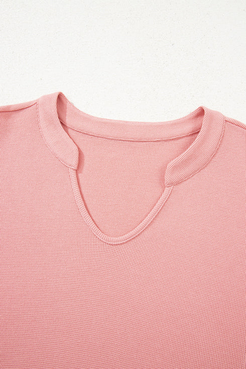 Waffle Knit Notched V Neck Floral Patchwork Lantern Sleeve Drop Shoulder Top