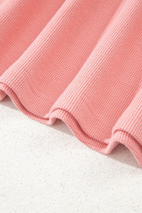 Waffle Knit Notched V Neck Floral Patchwork Lantern Sleeve Drop Shoulder Top