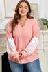 Waffle Knit Notched V Neck Floral Patchwork Lantern Sleeve Drop Shoulder Top