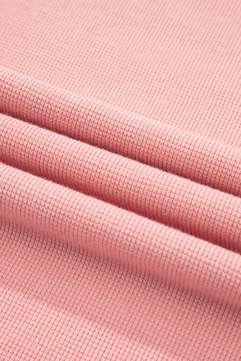 Waffle Knit Notched V Neck Floral Patchwork Lantern Sleeve Drop Shoulder Top