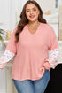 Waffle Knit Notched V Neck Floral Patchwork Lantern Sleeve Drop Shoulder Top