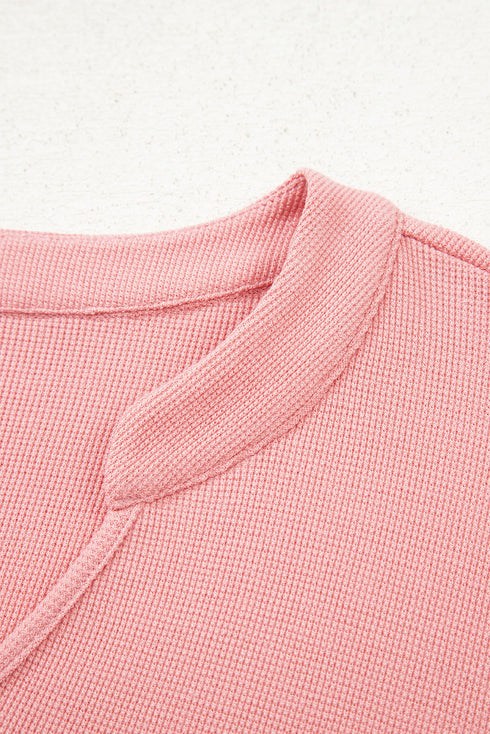 Waffle Knit Notched V Neck Floral Patchwork Lantern Sleeve Drop Shoulder Top