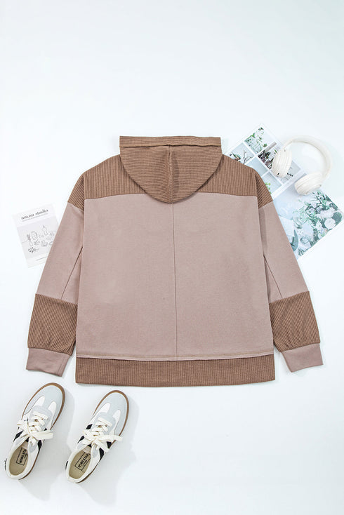 Waffle Knit Patchwork Detailed Pocketed Plus Size Hoodie