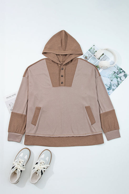 Waffle Knit Patchwork Detailed Pocketed Plus Size Hoodie