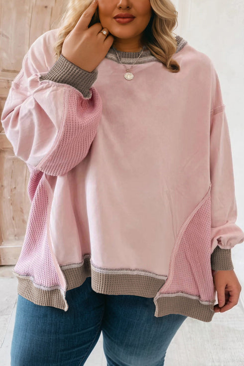Waffle Knit Patchwork Exposed Seam Baggy Sweatshirt