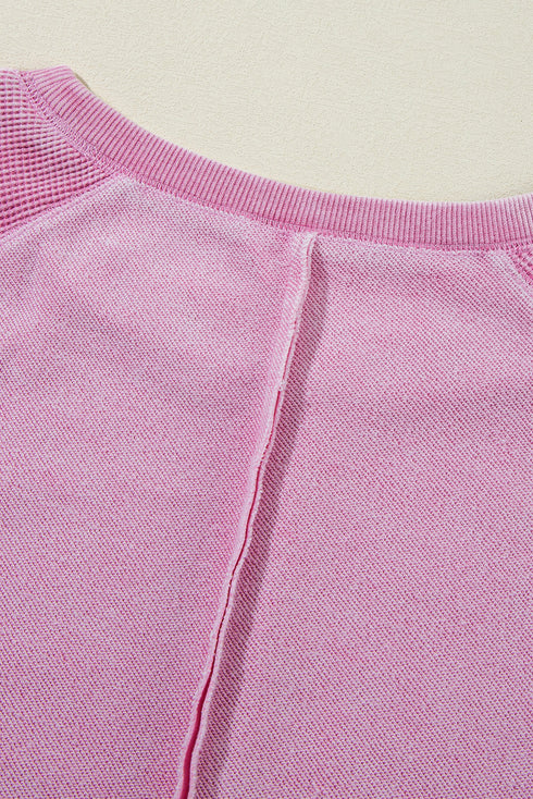 Waffle Knit Patchwork Exposed Seam Raglan Sweatshirt