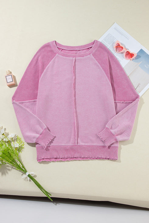 Waffle Knit Patchwork Exposed Seam Raglan Sweatshirt