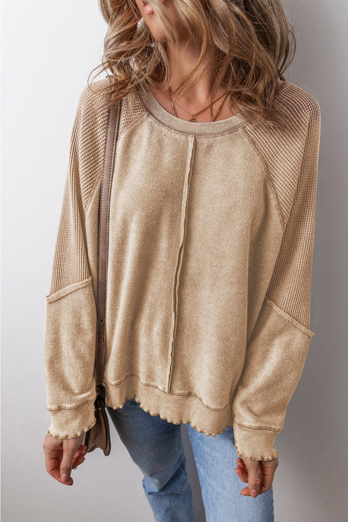 Waffle Knit Patchwork Exposed Seam Raglan Sweatshirt