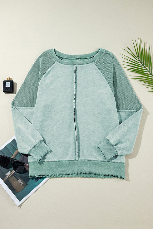 Waffle Knit Patchwork Exposed Seam Raglan Sweatshirt