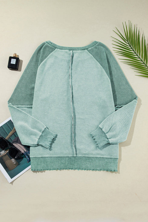 Waffle Knit Patchwork Exposed Seam Raglan Sweatshirt