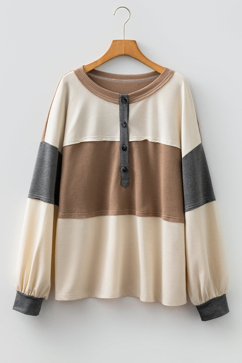 Waffle Knit Patchwork Half Button Long Sleeve Top