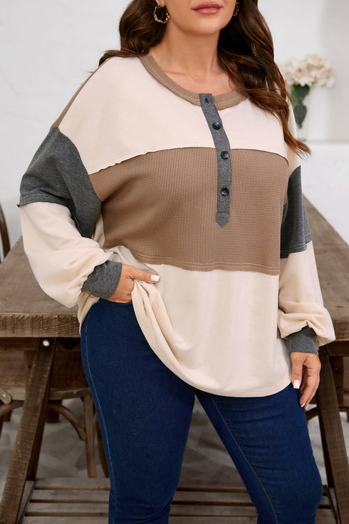 Waffle Knit Patchwork Half Button Long Sleeve Top