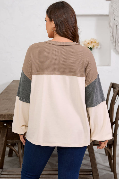 Waffle Knit Patchwork Half Button Long Sleeve Top