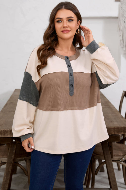 Waffle Knit Patchwork Half Button Long Sleeve Top