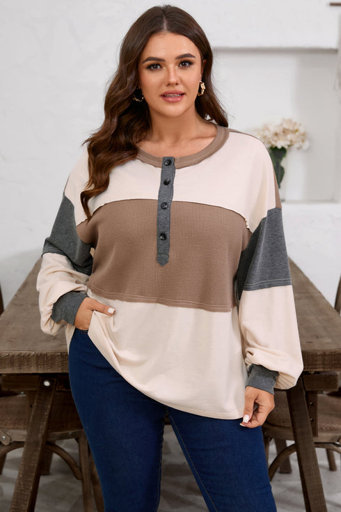 Waffle Knit Patchwork Half Button Long Sleeve Top