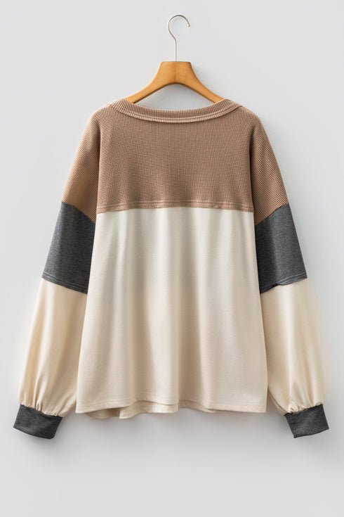 Waffle Knit Patchwork Half Button Long Sleeve Top
