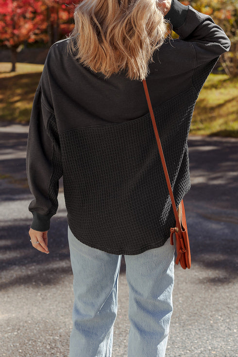 Waffle Knit Patchwork Half Zip Drop Shoulder Sweatshirt