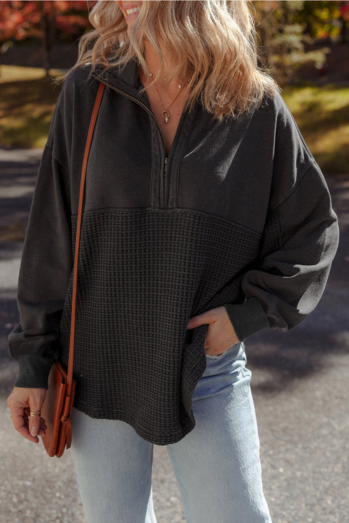 Waffle Knit Patchwork Half Zip Drop Shoulder Sweatshirt