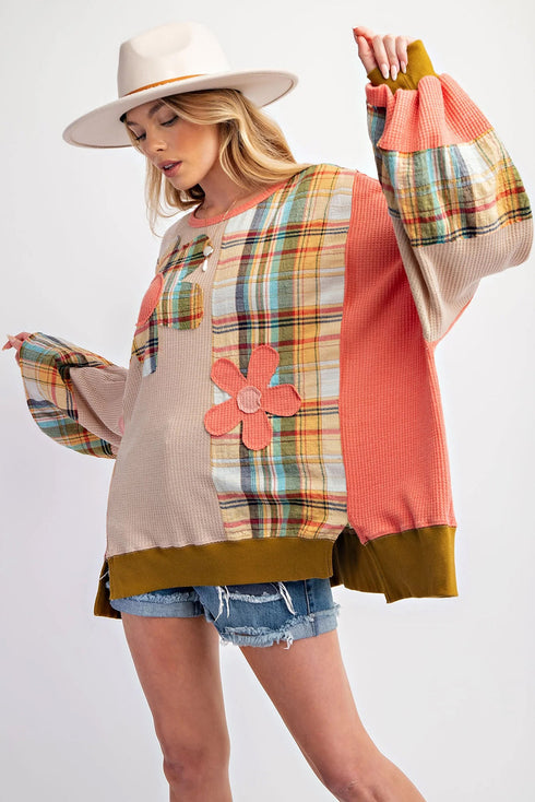 Waffle Knit Patchwork Plaid Floral Applique Oversized Tunic Top