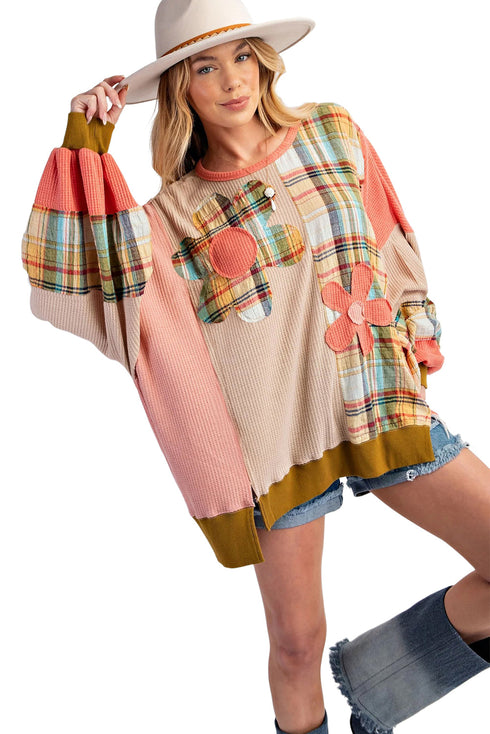 Waffle Knit Patchwork Plaid Floral Applique Oversized Tunic Top