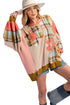 Waffle Knit Patchwork Plaid Floral Applique Oversized Tunic Top