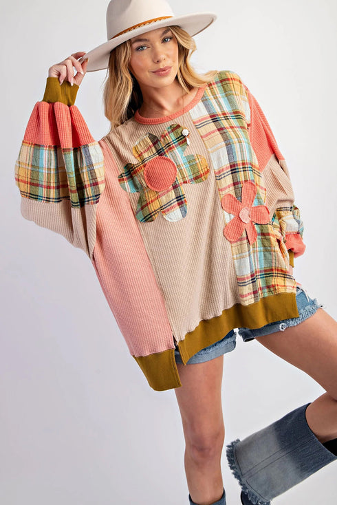 Waffle Knit Patchwork Plaid Floral Applique Oversized Tunic Top