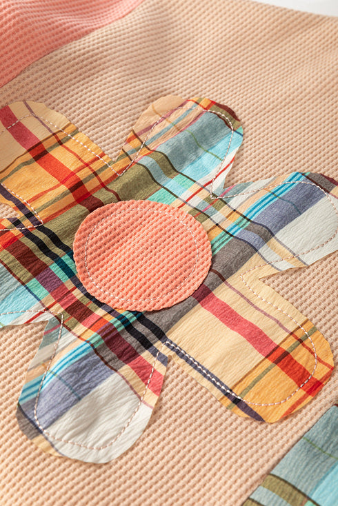 Waffle Knit Patchwork Plaid Floral Applique Oversized Tunic Top