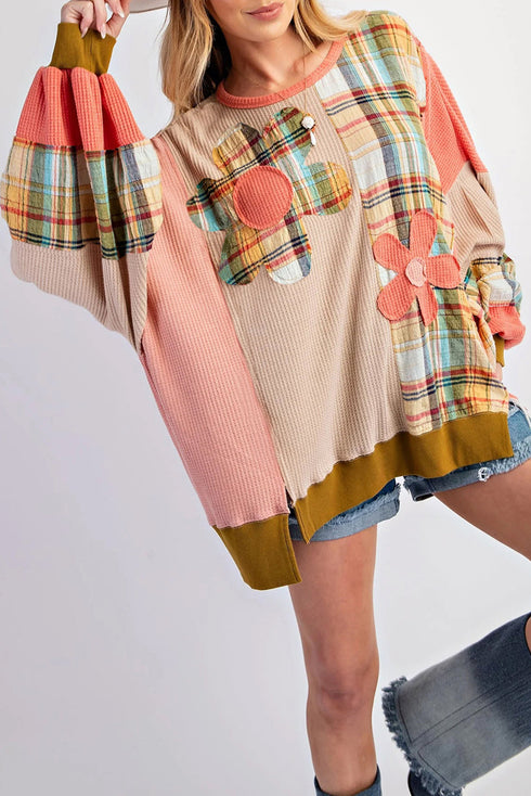 Waffle Knit Patchwork Plaid Floral Applique Oversized Tunic Top