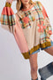 Waffle Knit Patchwork Plaid Floral Applique Oversized Tunic Top