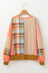 Waffle Knit Patchwork Plaid Floral Applique Oversized Tunic Top