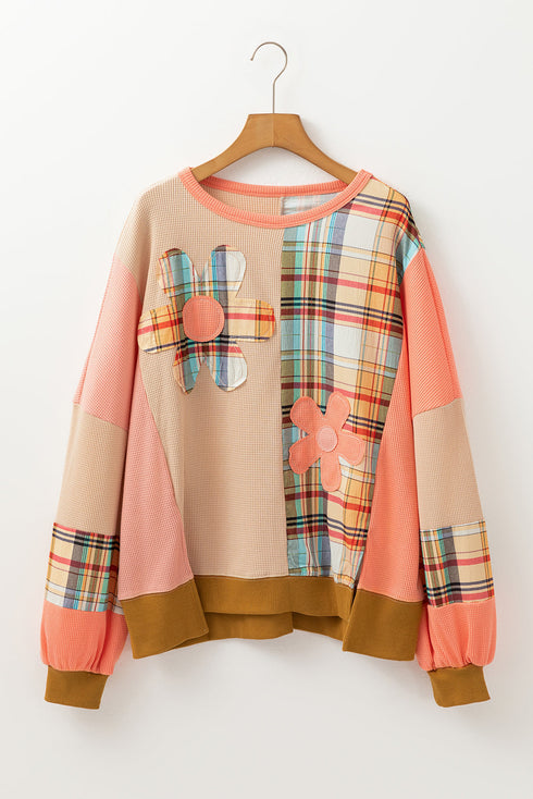 Waffle Knit Patchwork Plaid Floral Applique Oversized Tunic Top