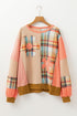 Waffle Knit Patchwork Plaid Floral Applique Oversized Tunic Top