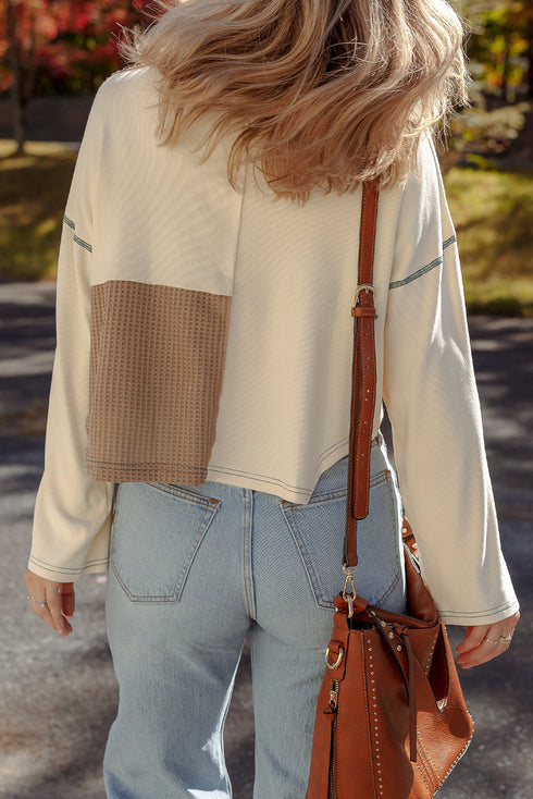 Waffle Knit Patchwork Stitch Detail Long Sleeve Top