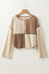 Waffle Knit Patchwork Stitch Detail Long Sleeve Top