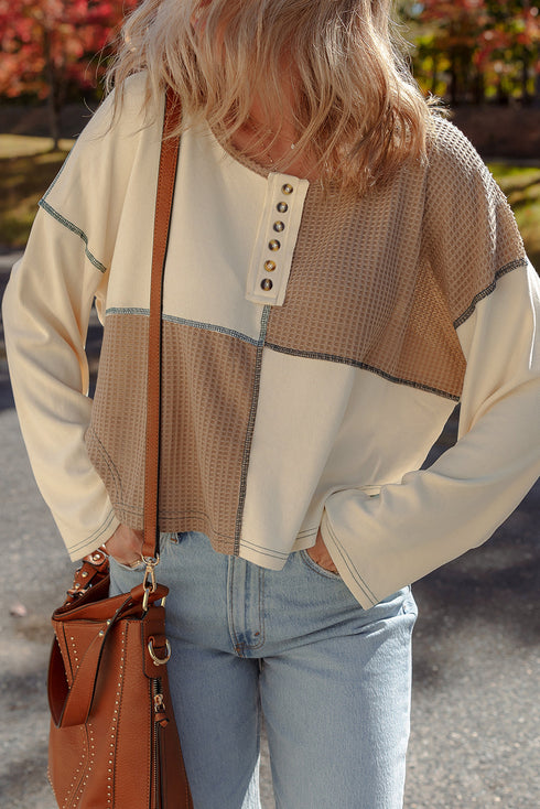 Waffle Knit Patchwork Stitch Detail Long Sleeve Top