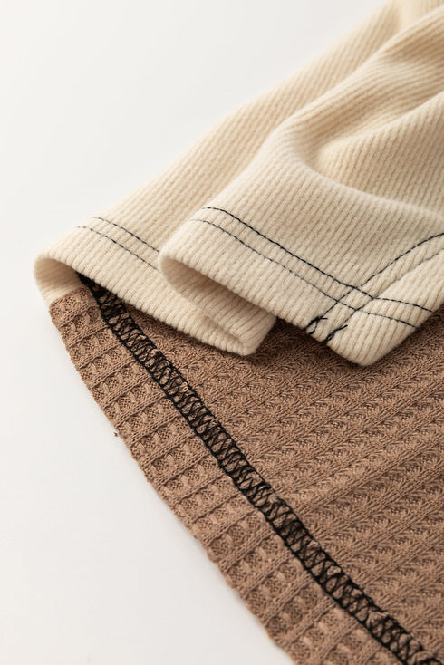 Waffle Knit Patchwork Stitch Detail Long Sleeve Top