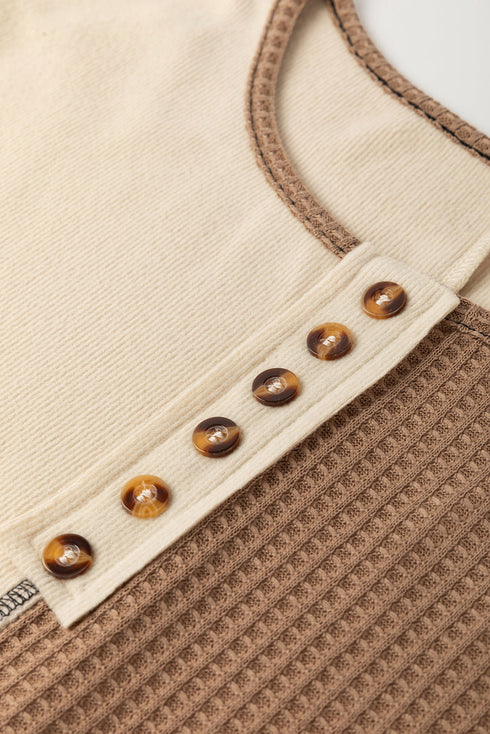 Waffle Knit Patchwork Stitch Detail Long Sleeve Top