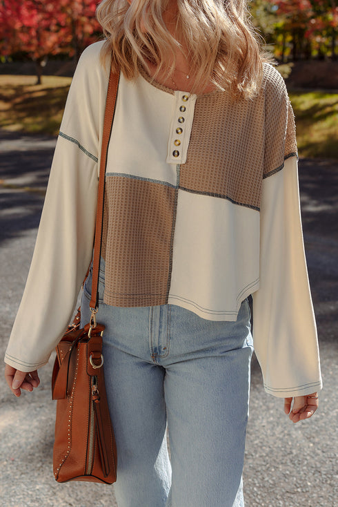 Waffle Knit Patchwork Stitch Detail Long Sleeve Top