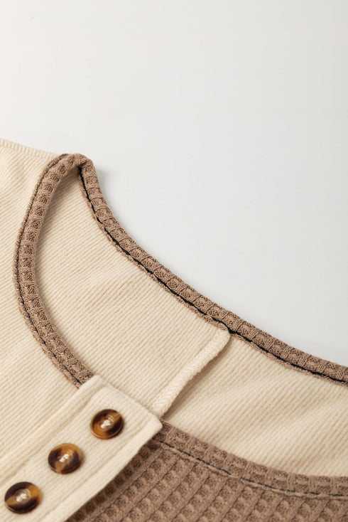Waffle Knit Patchwork Stitch Detail Long Sleeve Top