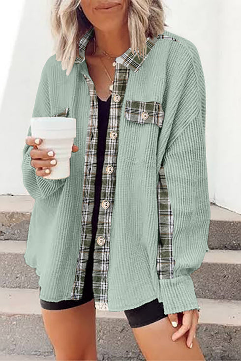 Waffle Knit Patchwork Thermal Textured Plaid Shacket