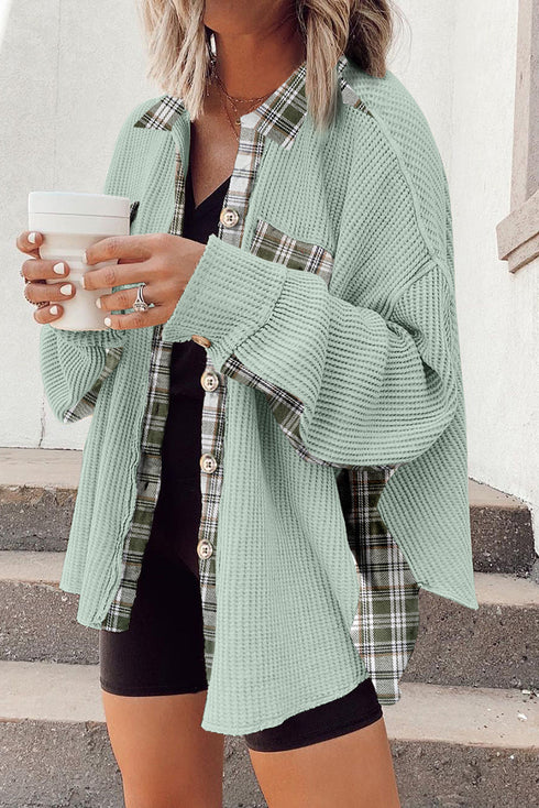 Waffle Knit Patchwork Thermal Textured Plaid Shacket