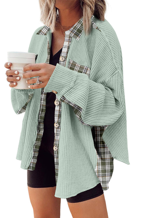 Waffle Knit Patchwork Thermal Textured Plaid Shacket