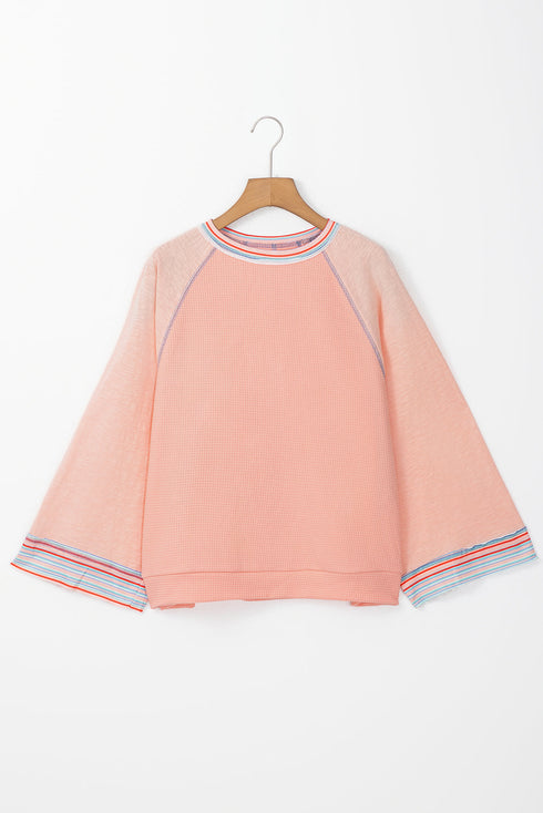 Waffle Knit Patchwork Wide Sleeve Raglan Casual Top