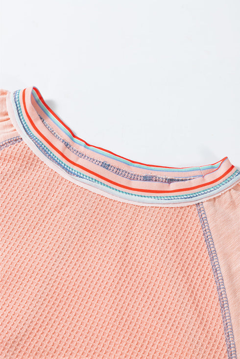 Waffle Knit Patchwork Wide Sleeve Raglan Casual Top